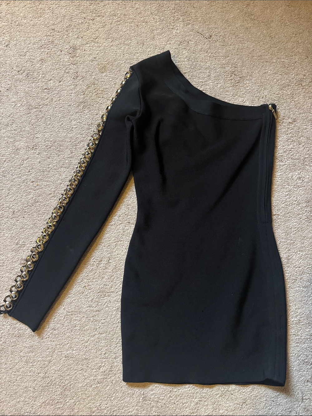 One-Shoulder Black Mini Dress with Eyelet-Trim Sleeve